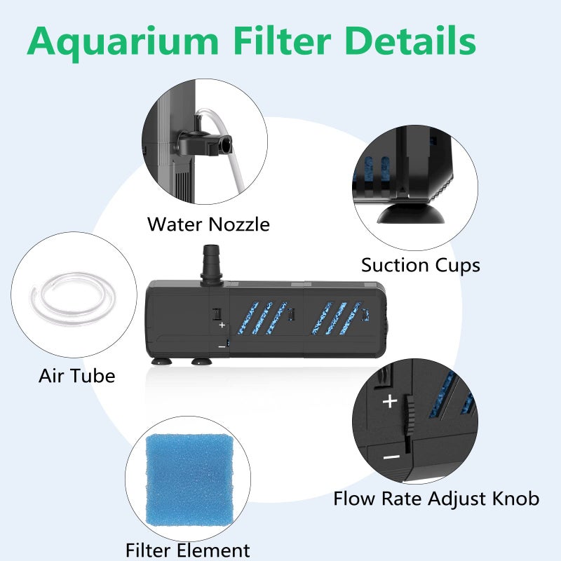 Insputer Aquarium Filter, Insputer 8W Turtle Tank Filter with 2 Sponge Filtration, 200 GPH Adjustable Submersible Fish Filters for 10-50 Gallo Pond Freshwater - Image 4